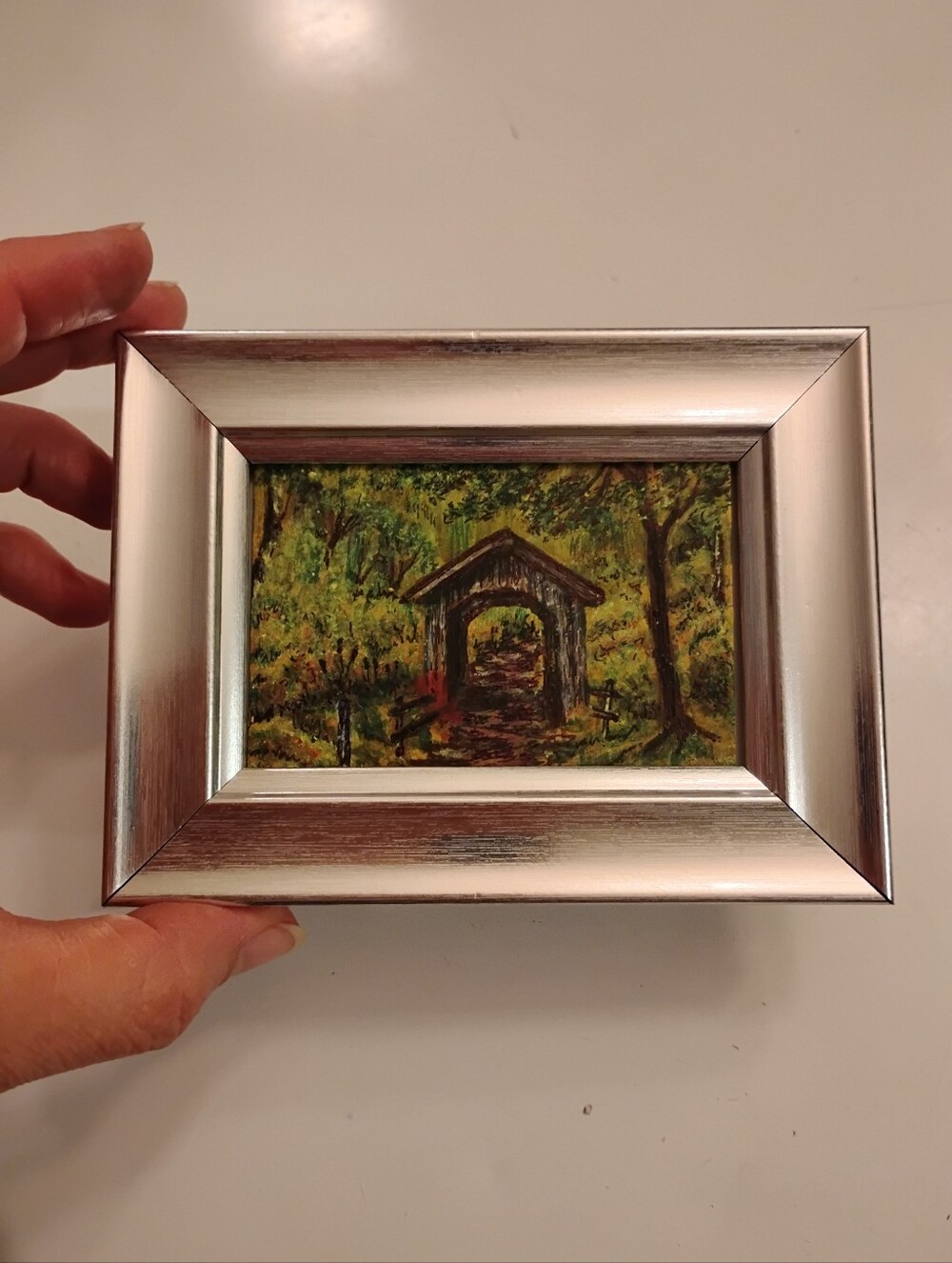 Miniature Hand-Painted Art Rural Arch Acrylic & Ink  3" x 2.25" Framed Silverton